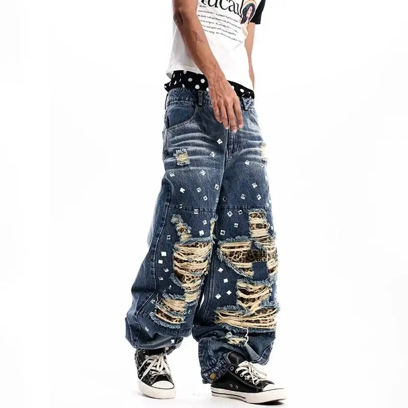 LUZHEN 2026 New Burr Broken Hole Design Leopard Print Patchwork Liner Straight Jeans Men's Stylish Streetwear Denim Pants JY7541