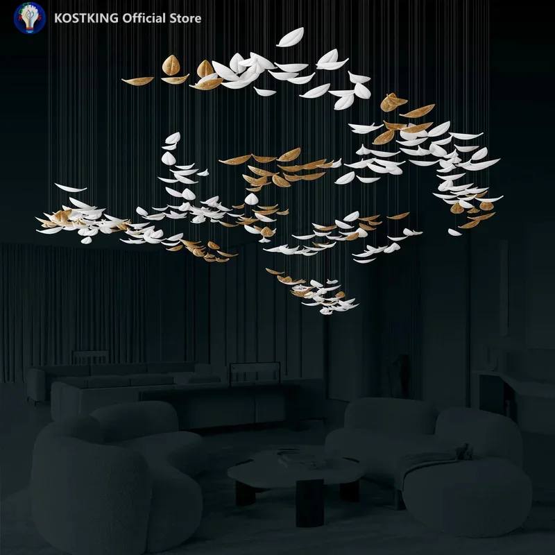 Modern Design Ceramic Petal Decorative Art Pendant White Gold Suspension Lightings for Stairs Lobby