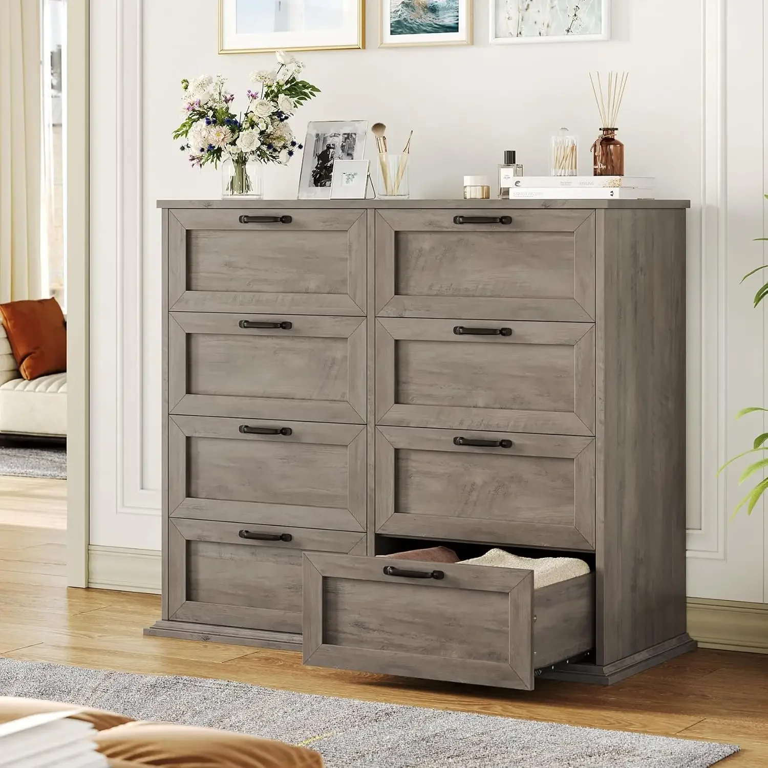 Dresser for Bedroom Wooden, Farmhouse Grey Wood Dresser with 8 Drawers, Chest of Drawers for Bedroom Large Capacity