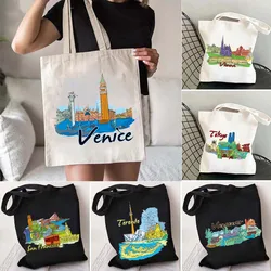 San Francisco Singapore Tel Aviv Tokyo Toronto Canvas Tote Bag Venice Vienna Warsaw Washington City Hand Drawn Painting Handbags