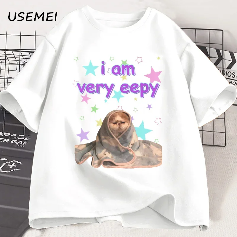 I Am Very Eepy Funny Cat Blanket T-Shirt Cute Sleepy Cat Graphic Tee Women Men Round Neck Print T Shirt Short Sleeve Streetwear