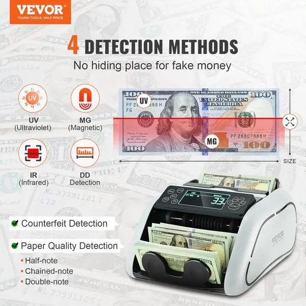 VEVOR Money Counter Machine, Bill Counter with UV, MG, IR and DD Counterfeit Detection, USD & EUR Cash Counting Machine with