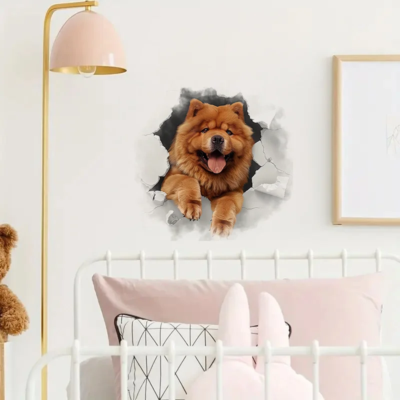 C1156# Chow Dog 3D Break the Wall Self-Adhesive Stickers, Wall Decal Removable, Vinyl Car Sticker for Bathroom Decor