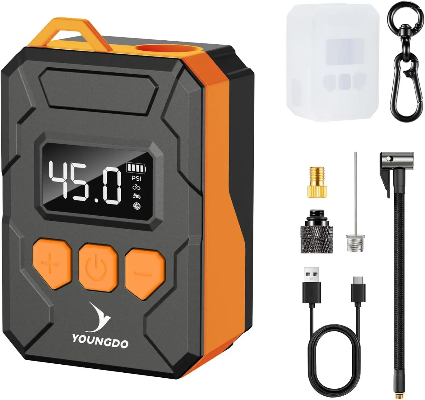 

Мини-электрический велосипедный насос 150PSI с цифровым манометром, автоматической остановкой, клапанами Type-C, Presta/Schrader