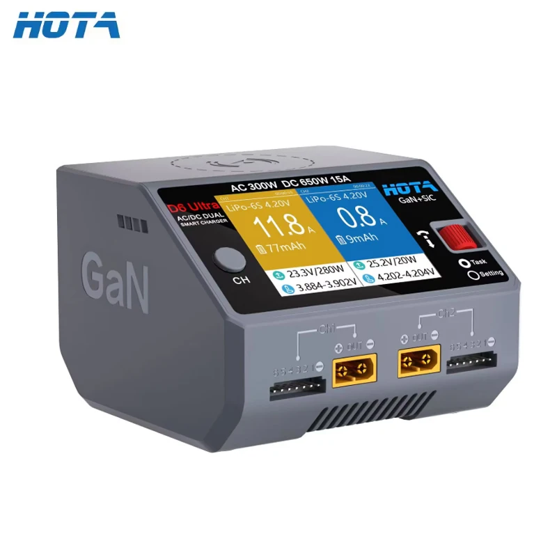 HOTA D6 Ultra AC300W GaN+SiC DC650W Dual Channel Charger,Fit 1-6S Lipo LiHV NiZn NiCd NiMH Battery&XT60 XT30 for FPV Equipment
