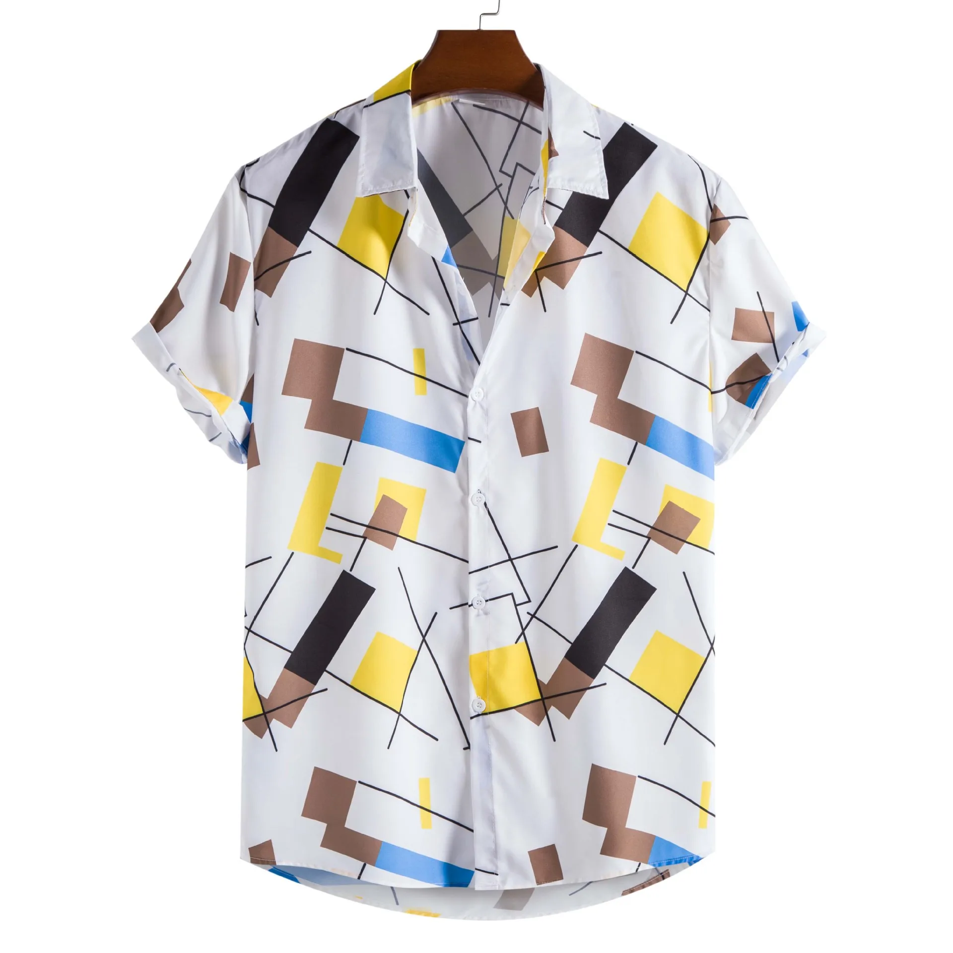 

White Geometric Print Hawaiian Shirt Men 2024 Summer New Slim Short Sleeve Beach Shirts Men Harajuku Streetwear Chemise Homme