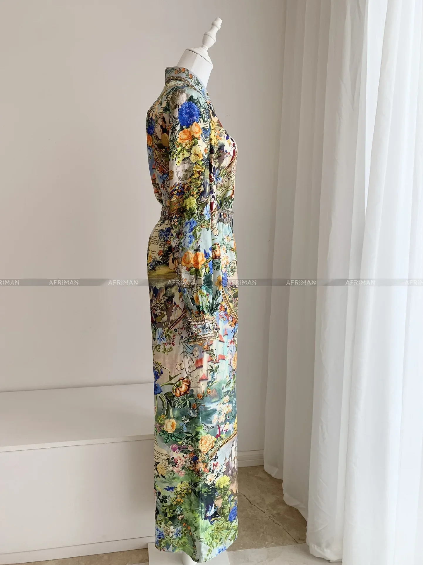 2024 Cartoon Print Heavy Beaded Silk Shirt+ Elastic Waist Wide Leg Long Pants Set