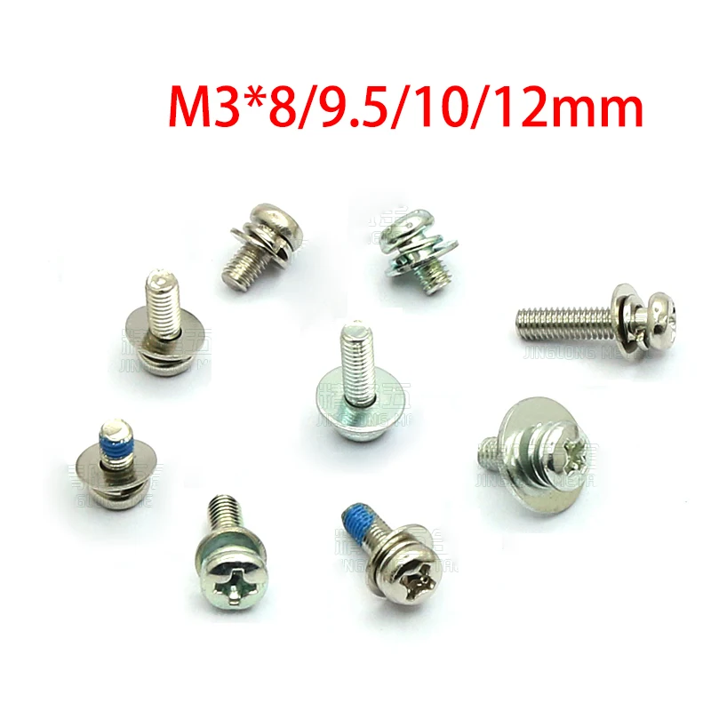 

100Pcs Phillips Pan Head Three Combination Screw M3*8/9.5/10/12mm Cross Round Head With Washer Screws Bolts Nickel Plated Steel