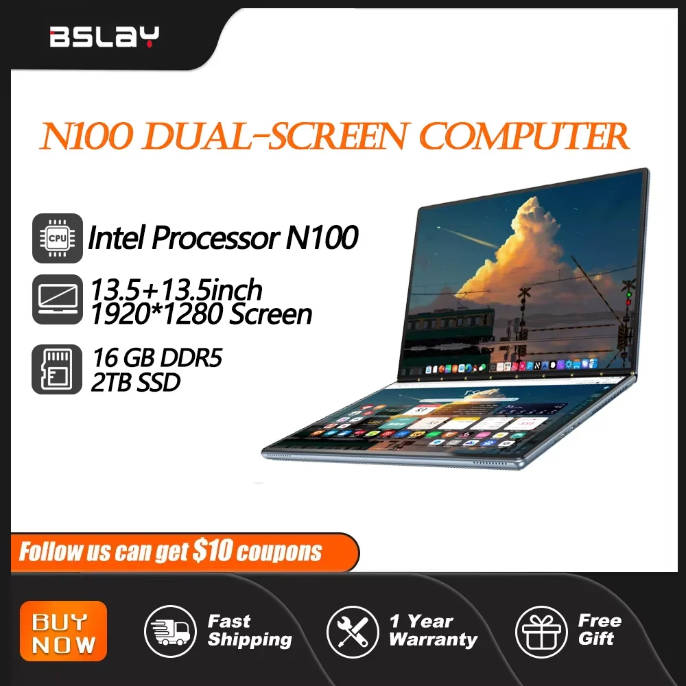 Tablet Dubbel Scherm Intel N100 13.5 + 13.5 Inch Laptop 16Gb Ddr5 2Tb Ssd Hd Camera 9000 Mah 1920*1280 Scherm Windows 11 Computer