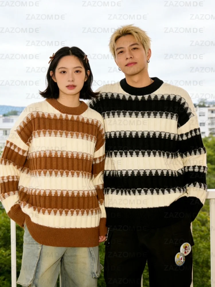 

ZAZOMDE Unisex Harajuku Striped Knit Sweater Couple Matching Set Japanese Streetwear Style Loose Fit Top For Men And Women