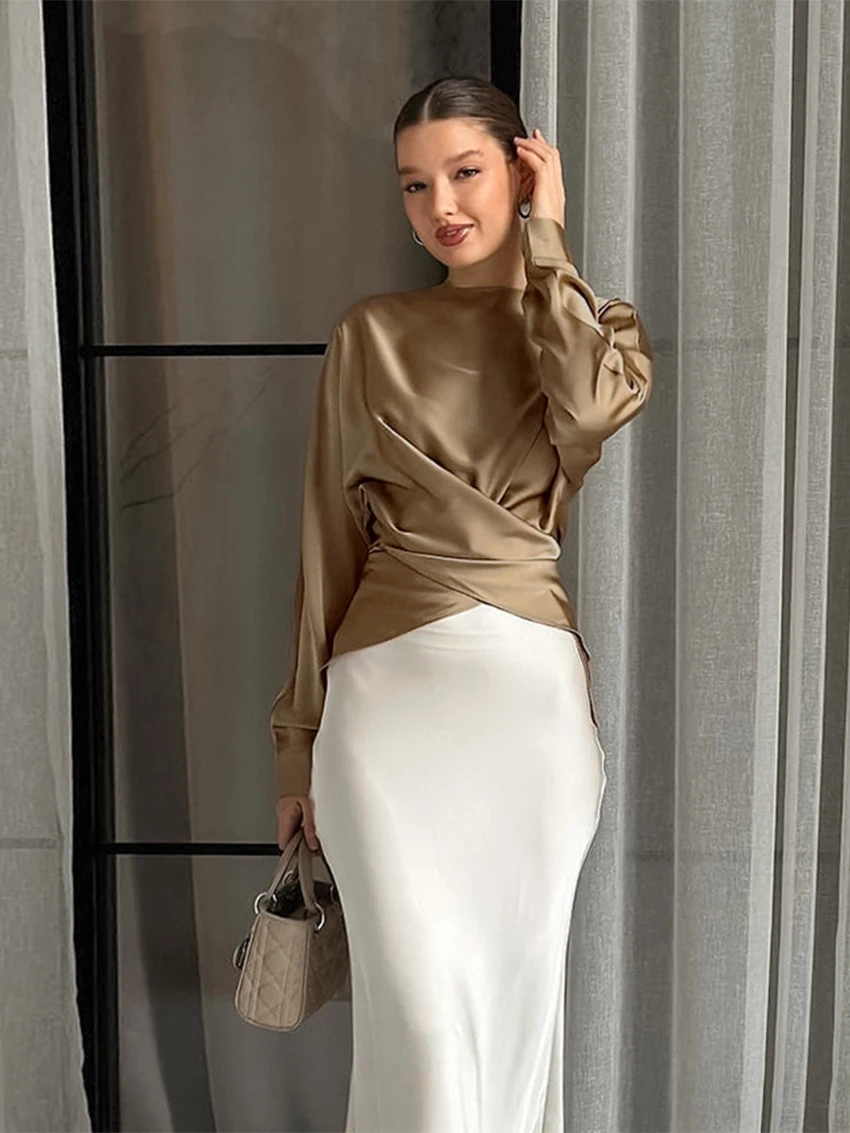 Koszula damska Parc Fee, luźny krój, khaki, casualowa, z okrągłym dekoltem, długi rękaw, elegancka, klasyczna, gładka bluzka, odzież damska, model 2026.