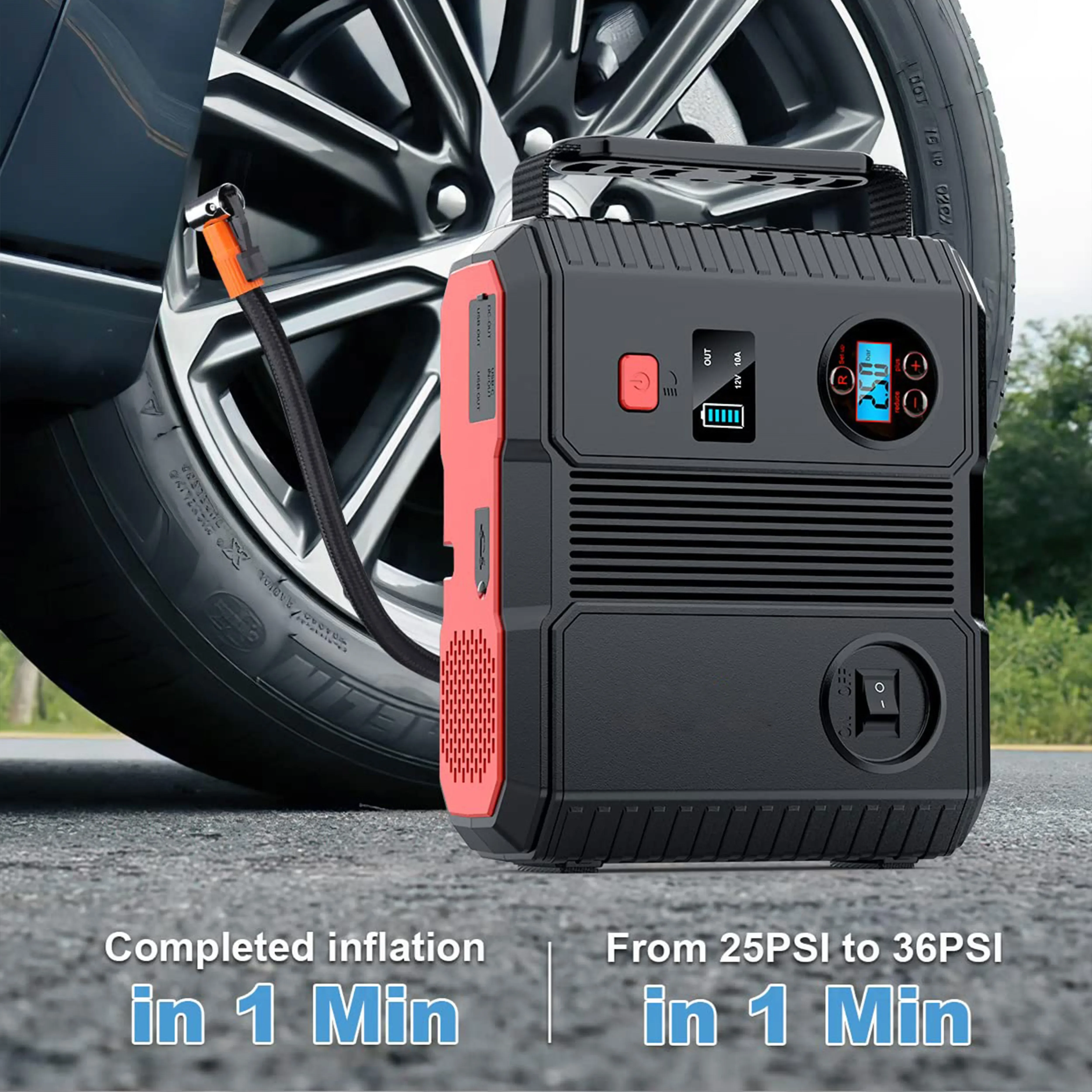 All-in-One 12V 24000mAh 6-in-1 Portable Car Battery Jump Starter & Power Bank with LCD Display and Air Compressor