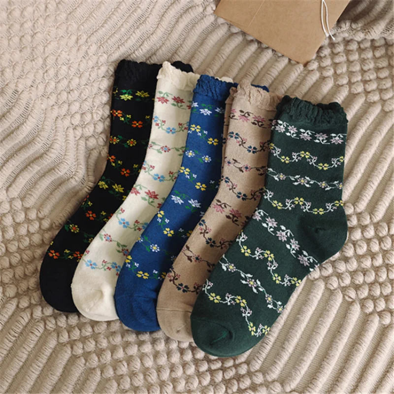 Fashion Lace Frilly Ruffle Socks Women Harajuku Floral Print Women Socks Japanese Retro Vintage Streetwear Long Socks Sweet Girl