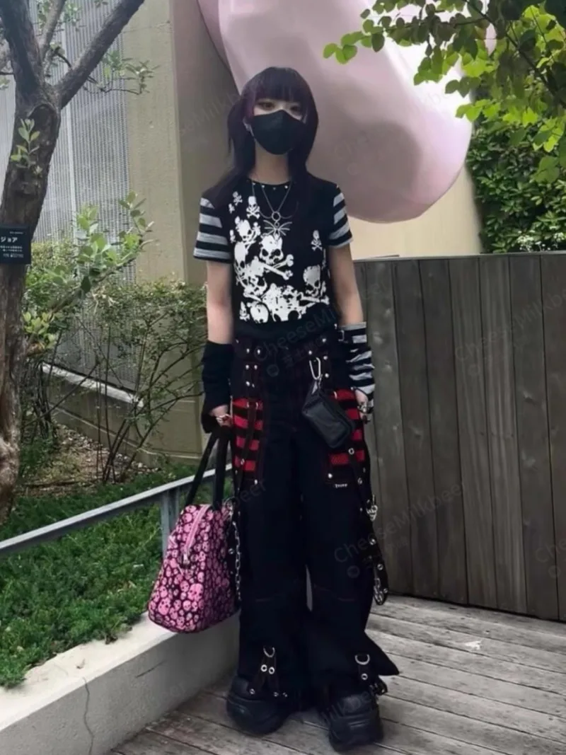 Primavera y verano japonés Punk Rock 90s subcultura Retro calle nicho diseño contraste cadena de colores monos rectos mujeres