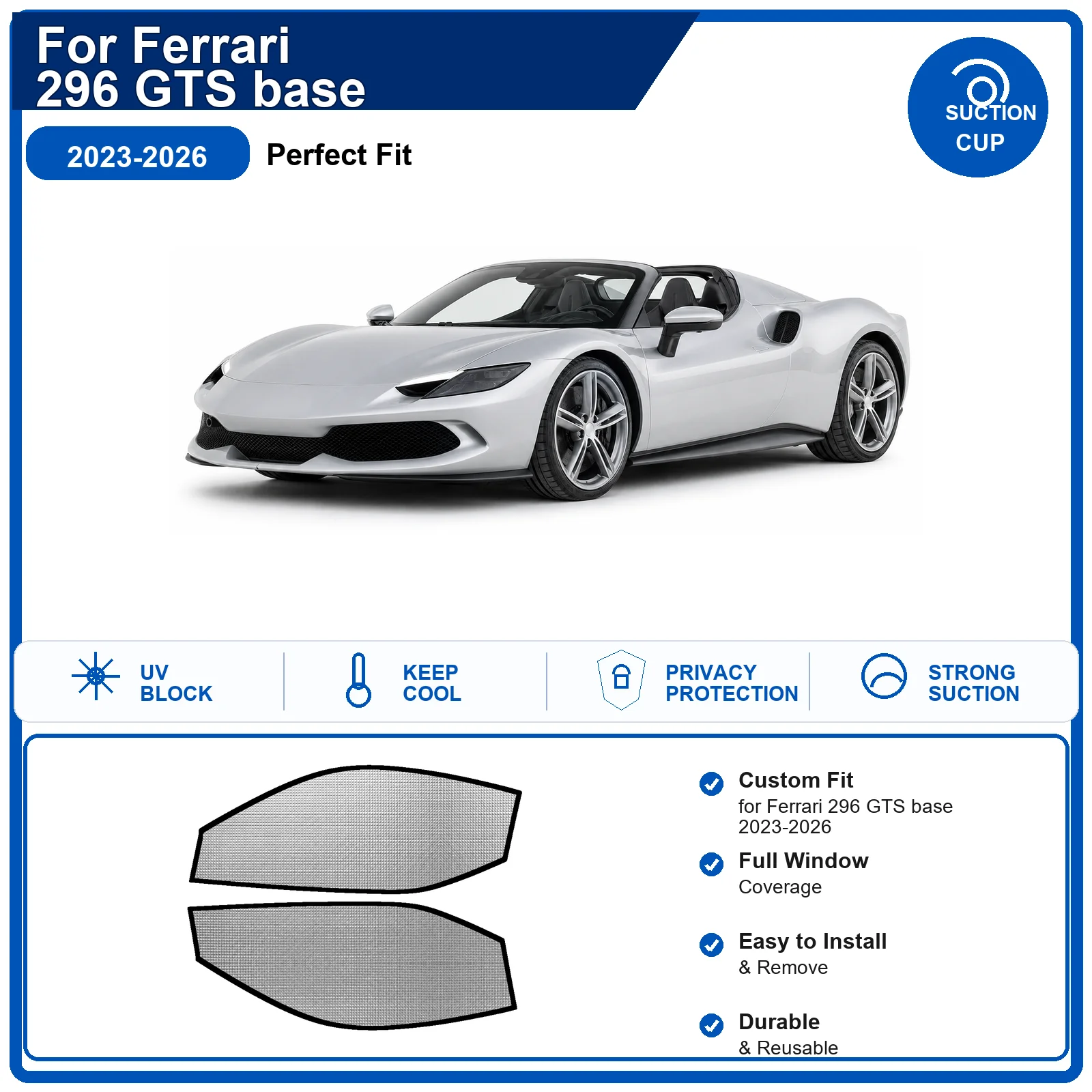 For Ferrari 296 GTS base 2023-2026 Custom Full Set Windshield Sun Shade Aluminum Foil Heat Insulation Anti UV Foldable