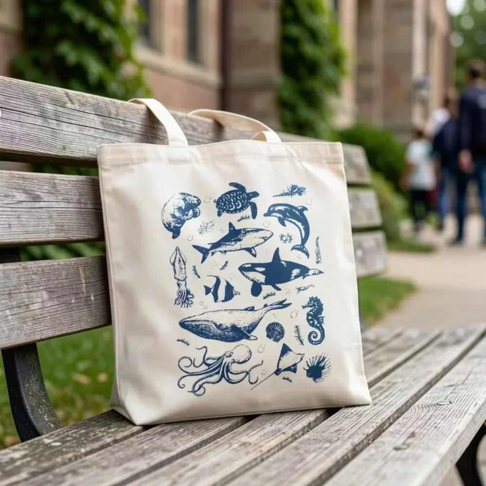 Vintage Blue Ocean Sea Creatures Canvas Tote Bag Whale Dolphin Turtle Print Casual Women Travel Shopping Shoulder Bag