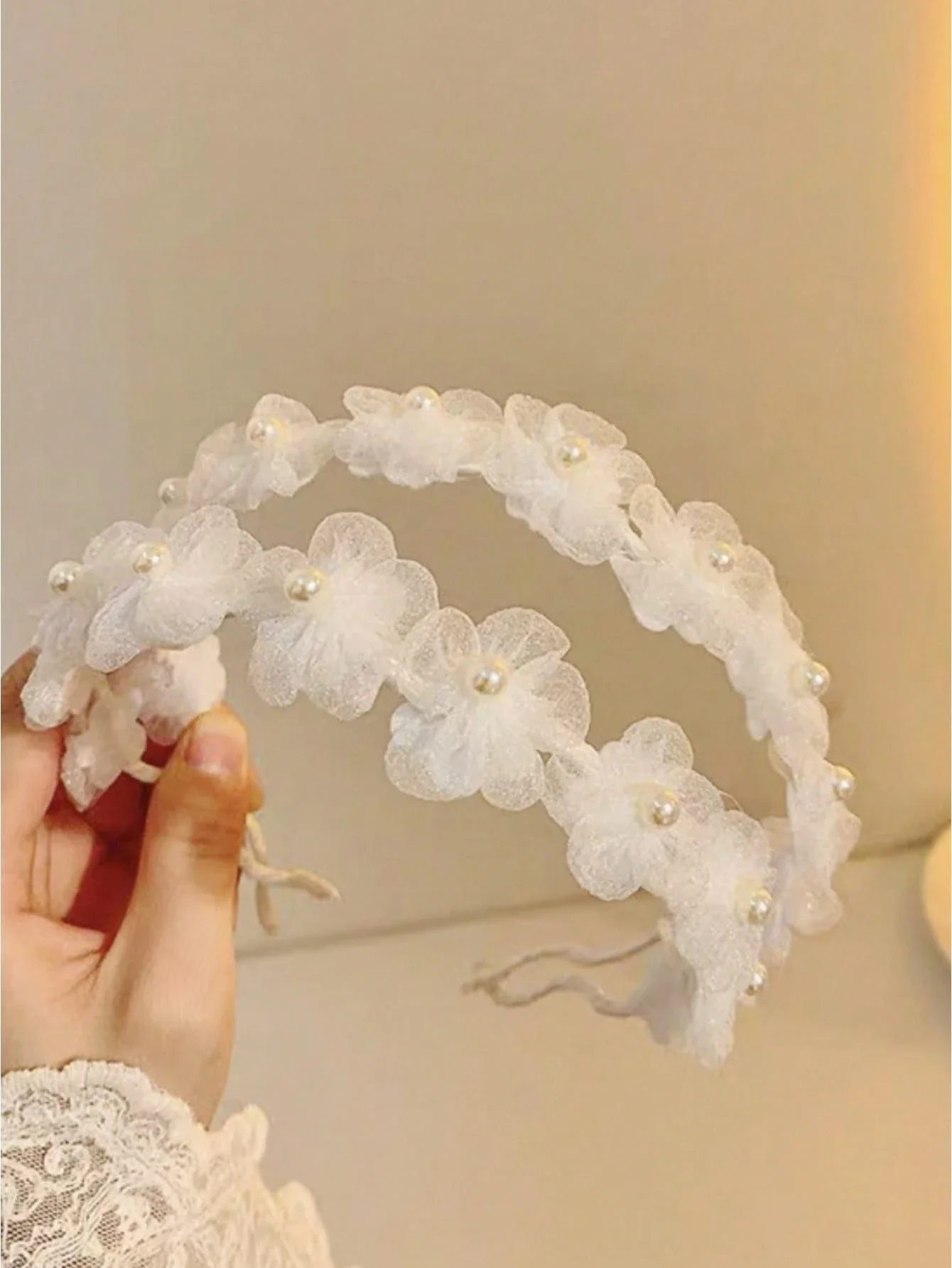 

Delicate White Mesh Flower Headband With Pearl Accents, Elegant Hair Accessory For Sweet Girl Style