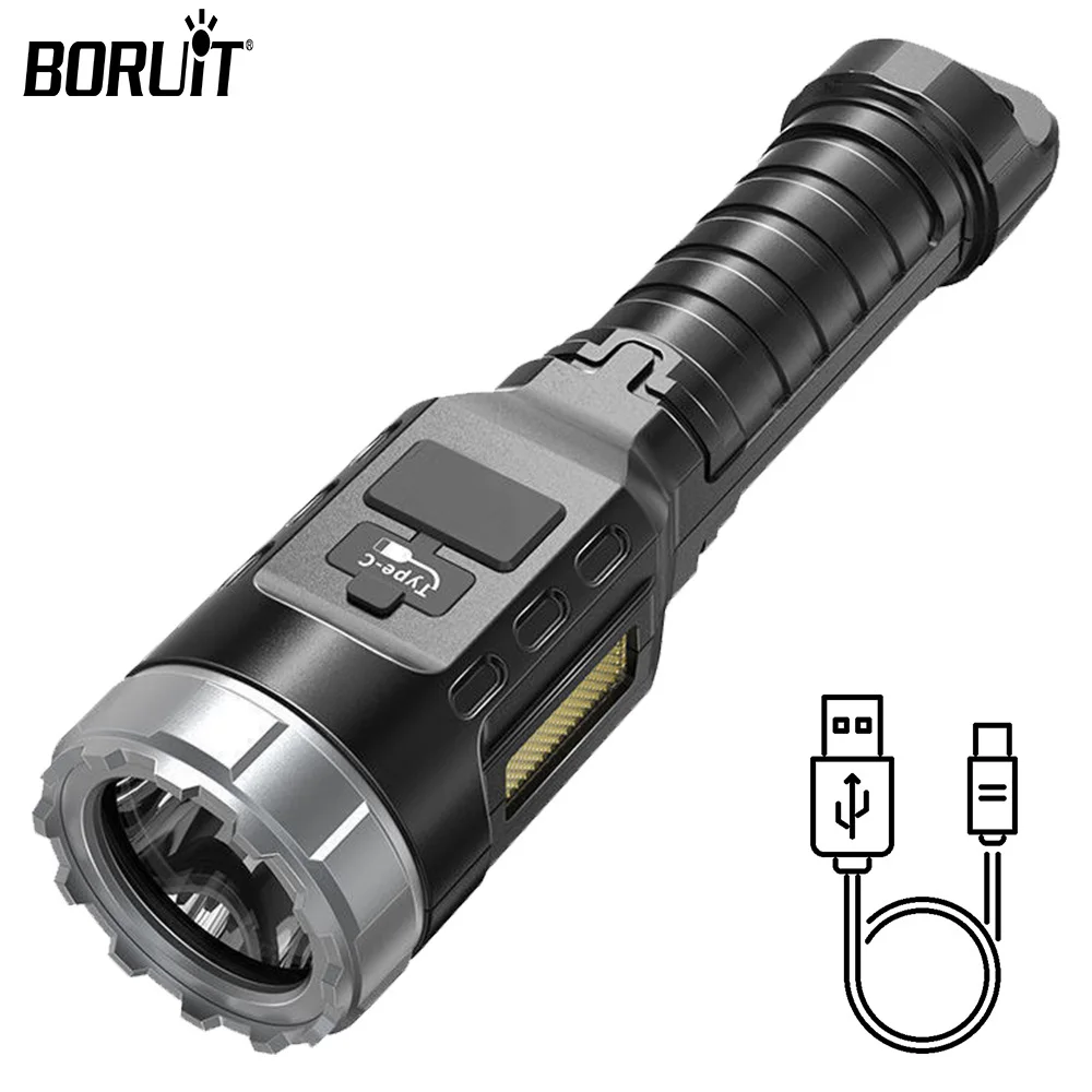 BORUiT High Powerful LED Flashlight Type-C Rechargeable Torch Waterproof Tactical Flashlights Fishing Camping Search Strong Lamp