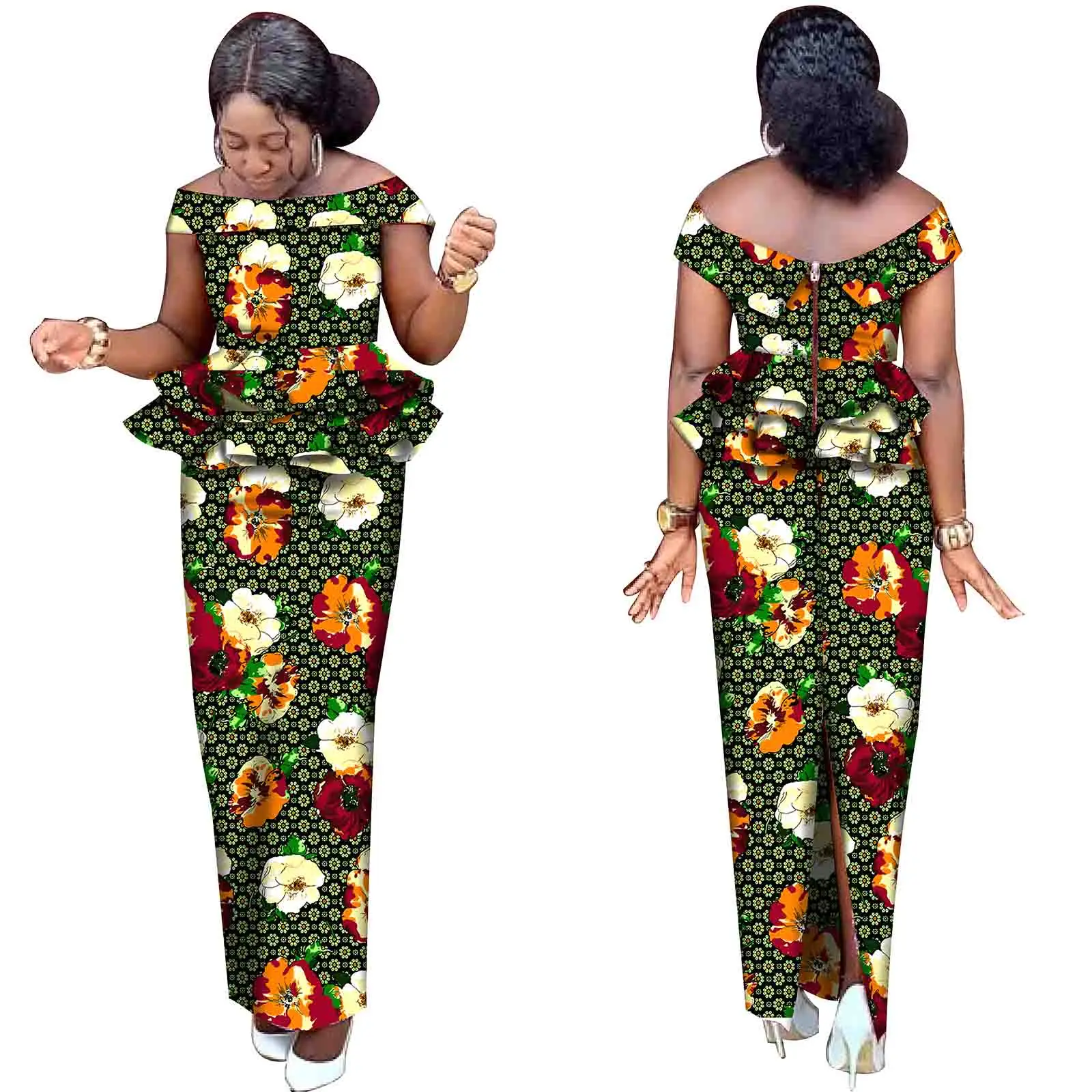 Customize African Print Ruffles Sleeve Tops and Skirt Sets for Women Bazin Riche African Clothing 2 Pieces Skirts Sets S2026044