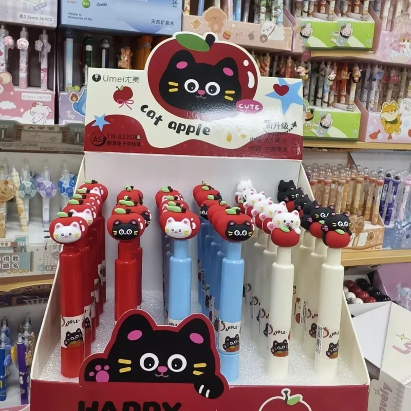 Stylo à Gel Kawaii Apple Cat Press, 36 pièces/lot, stylo neutre mignon de 0.5mm, fournitures d'écriture scolaire, cadeau promotionnel