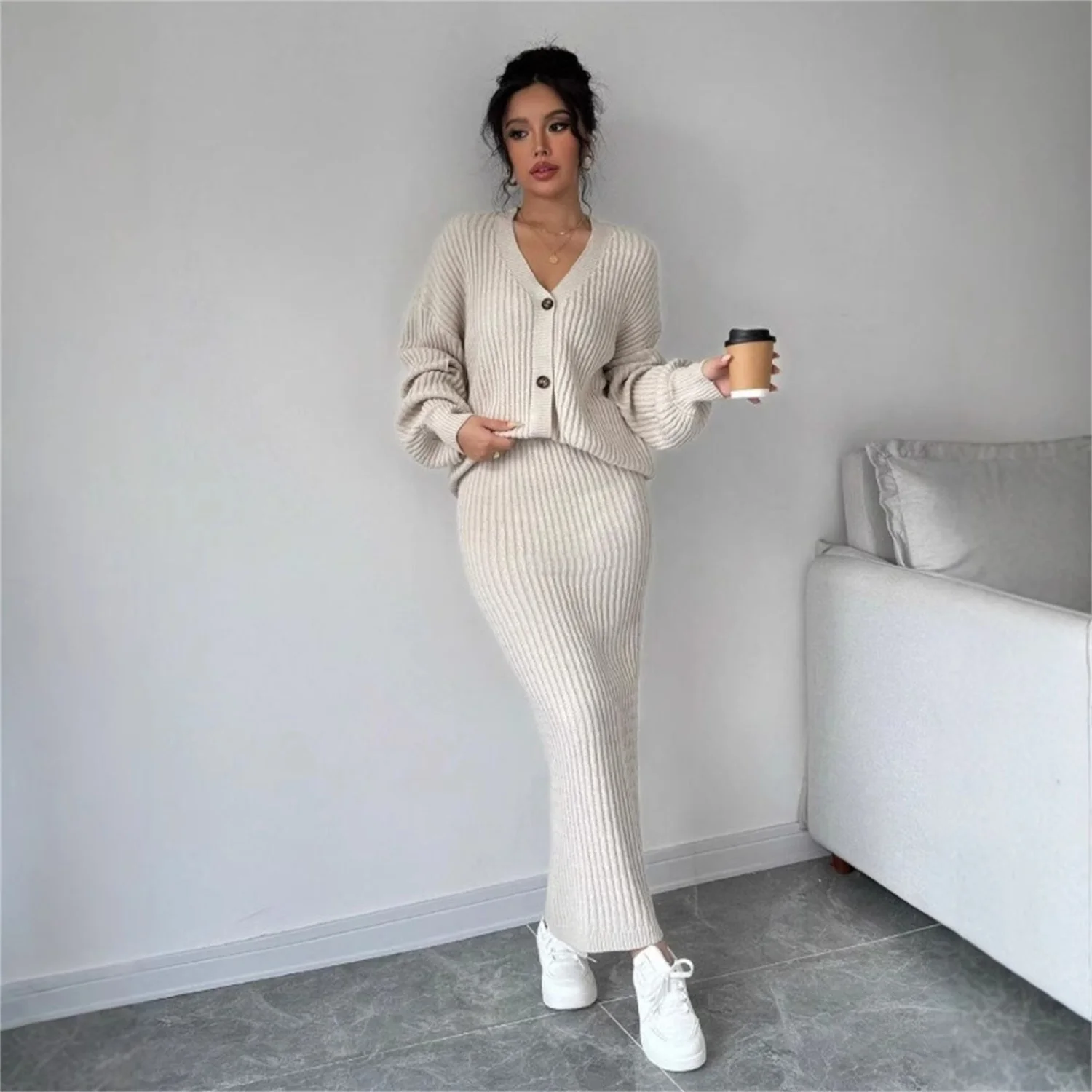 

EINY Women's Loose Cardigan Two-Piece Set Long Sleeve V-Neck Sweater Coat & Pleated Hip Skirt Autumn Winter Elegant Knitted Suit
