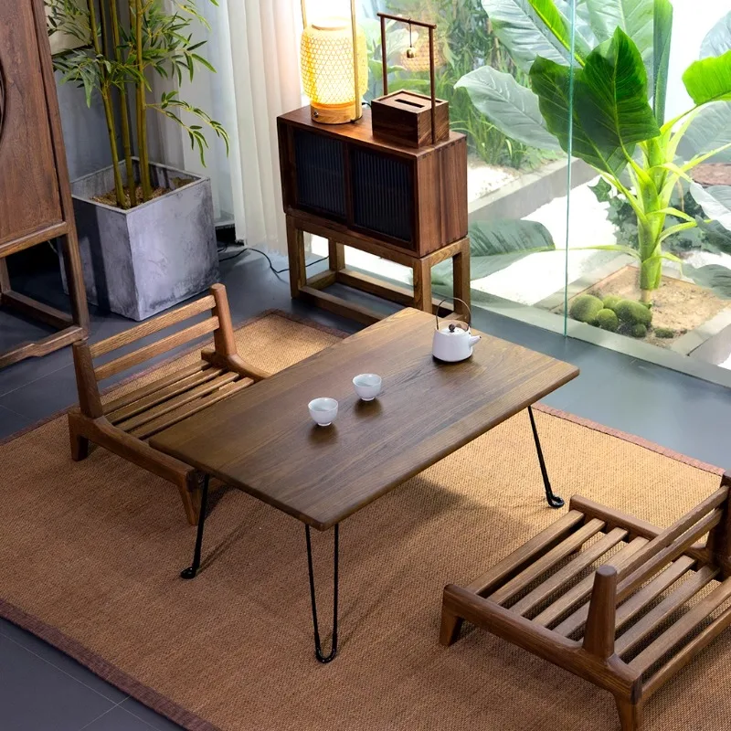 

Antique Elm Folding Table Japanese Style Tatami Tea Table Compact Floor Desk with Legs Rustic End Tables for Bay Window & Lounge