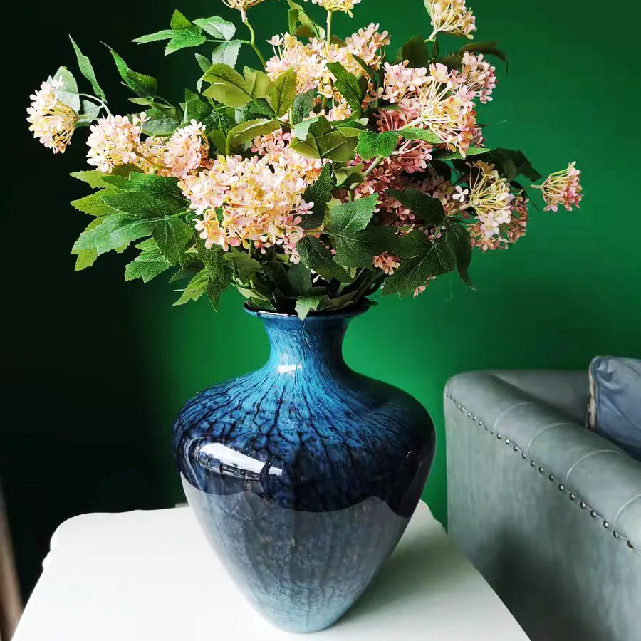 Retro new Chinese zen vase blue fried pattern floor vase glass enamel flower arrangement model room ornament