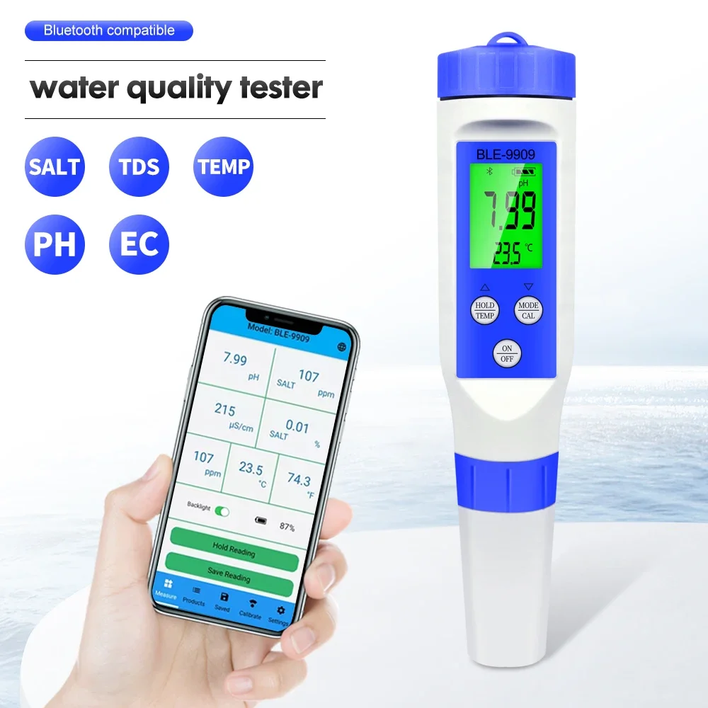 Blue Tooth 5/2 in 1 PH/EC/TDS/Salinity/TEMP Meter Smart Online Monitor APP Control for Aquariums Pool Water Quality Meter Tool