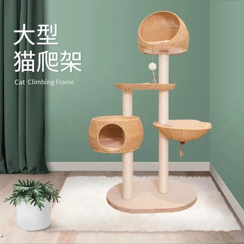 Solid Wood Multi-level Feline Activity Tower, Sisal Claw Pillar, Merged Wicker Hideaway, Anti-scratch Large Kitty Shelter