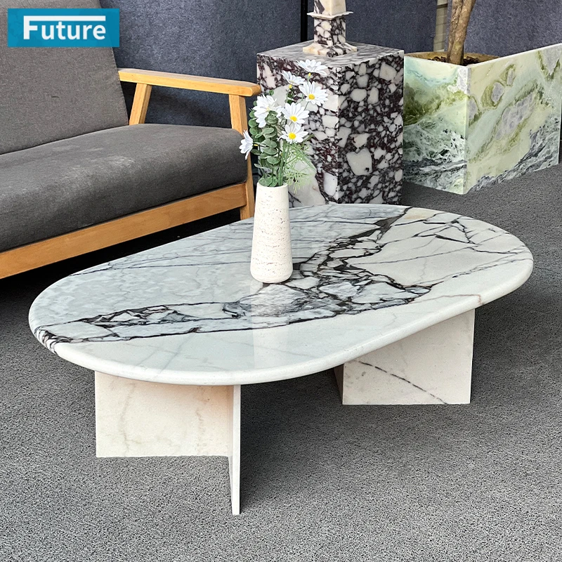 Natural Stone Oval Top Low Plinth Elephant White Marble Coffee Table Side Table for Livingroom Villa Hotel Restaurant