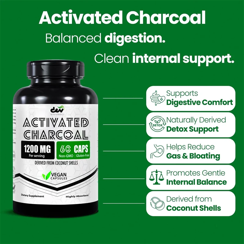 Activated carbon capsule 1200mg | 60 vegetarian capsules, extracted from coconut shell, non GMO