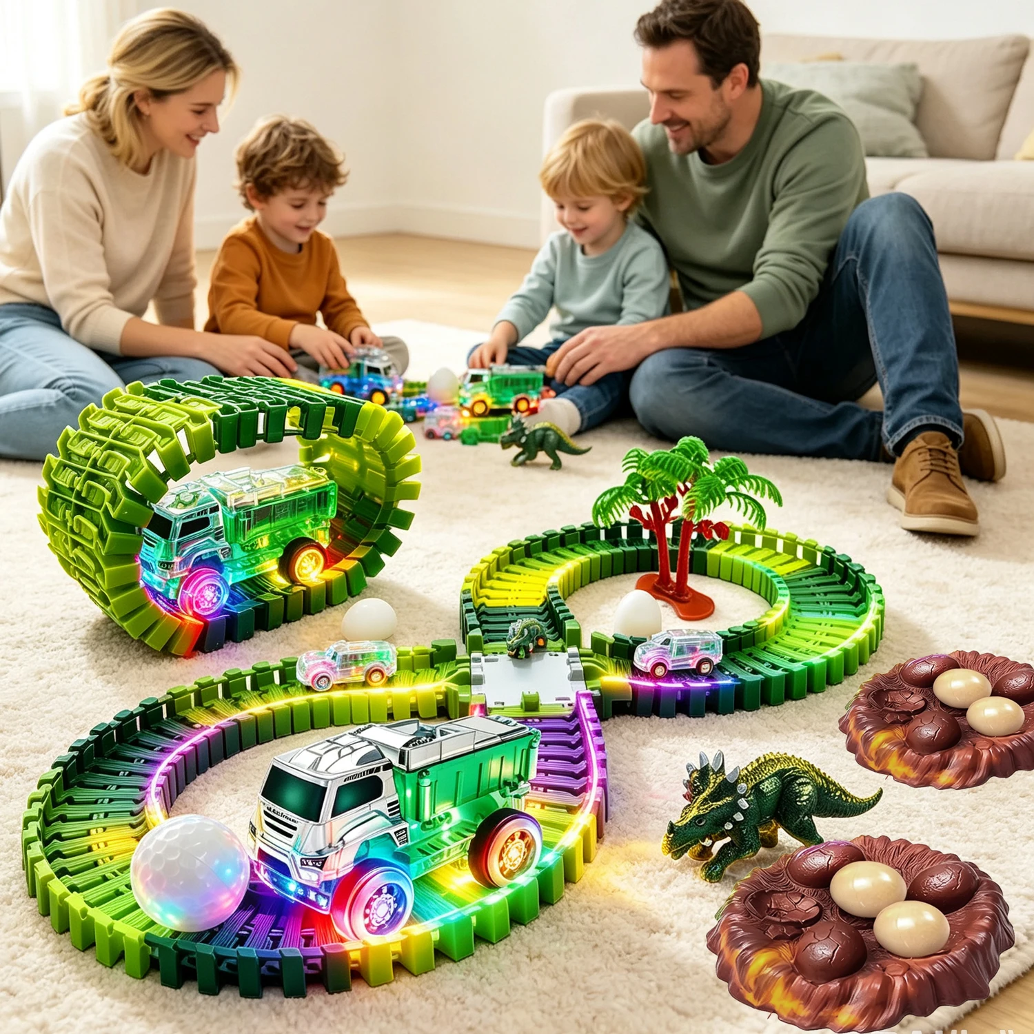 Flexible Dino Track Magic Dinosaur Track Transparent LED Light Engineering Truck Race Tracks DIY Building Toy