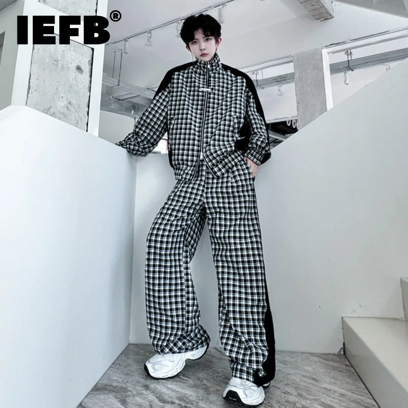 

IEFB Korean Style Men's Sets Plaid Patchwork Comntarst Color Loose Jackets Casual Straight Wide Leg Male Pants Autumn 9C7494