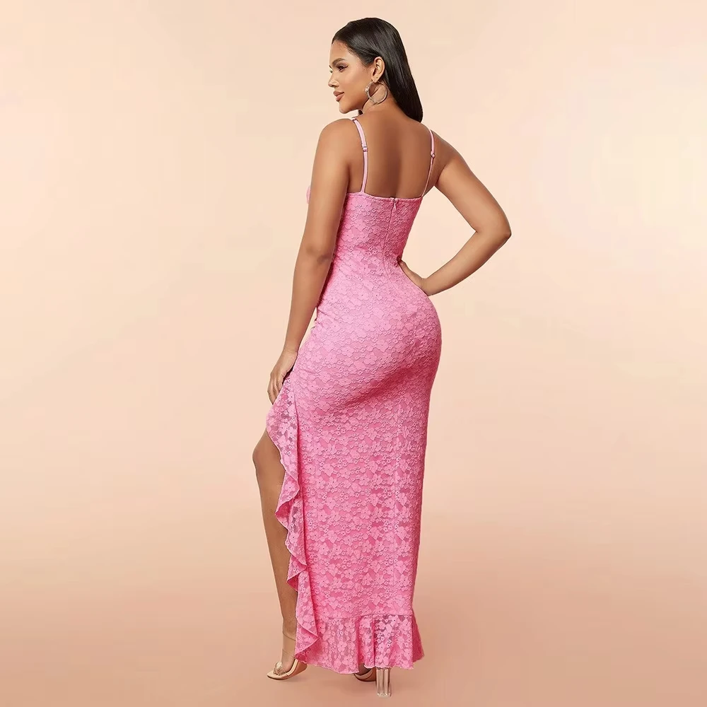 Customized Sexy Women's Summer Dress European Ruffled Lace Casual Frock Custom Open Back Spaghetti Strap Wedding Party Gowns