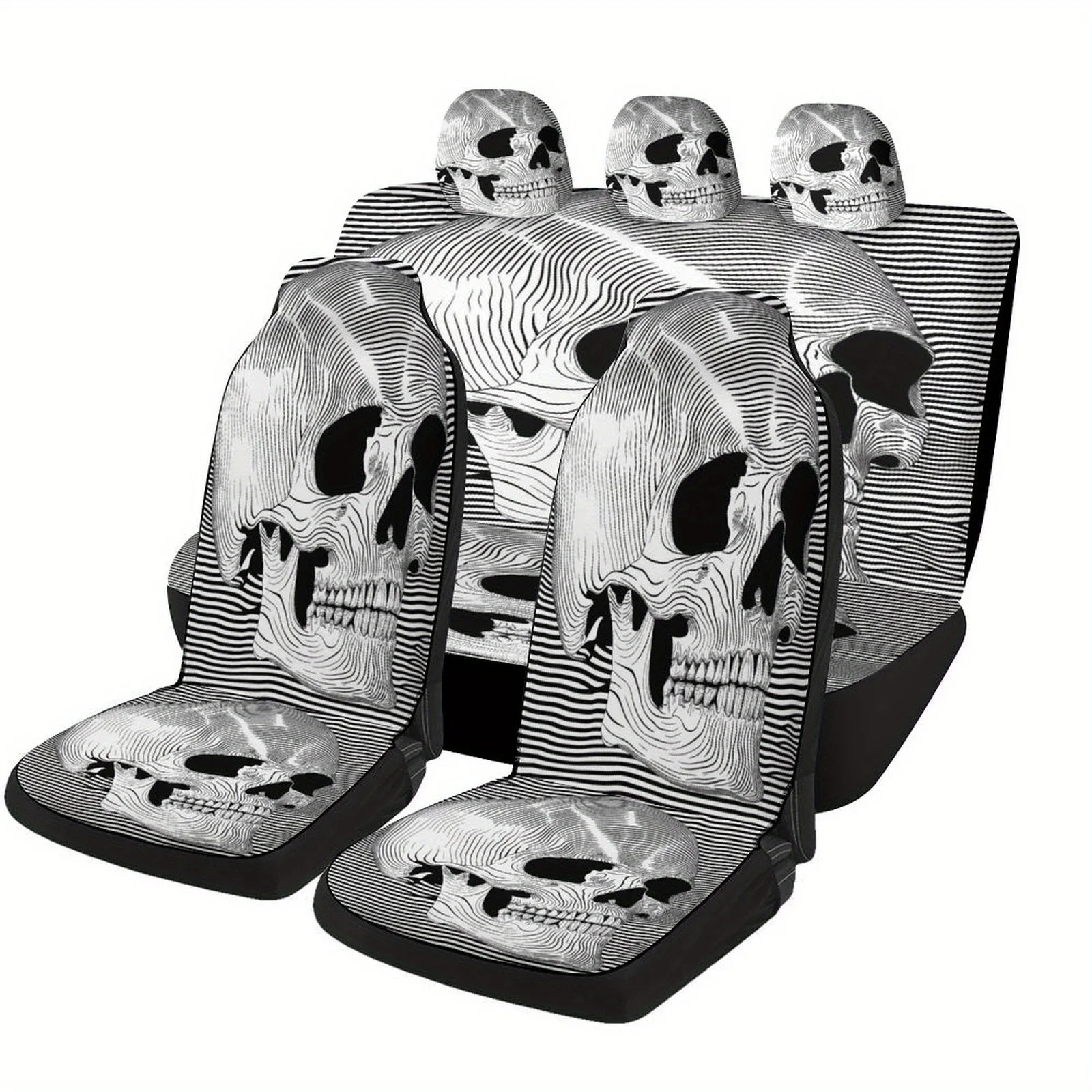 Stylized Skull Optical Art Designed Car Seat Cover Set For Most Cars, High-quality Comfortable Car Seat Protector Covers Full Se