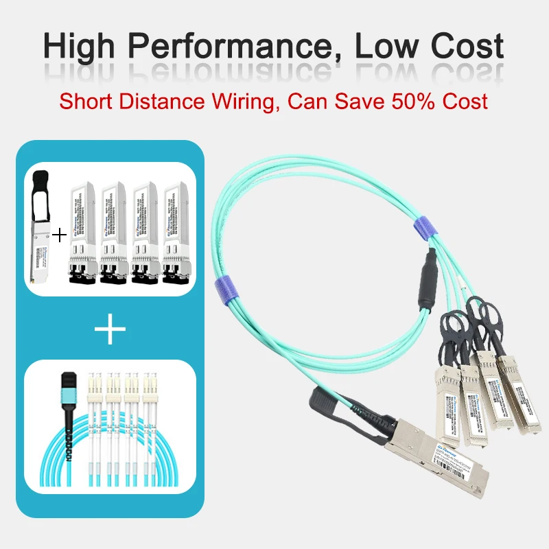 AOC-Cabos ópticos ativos, QSFP + a 4x SFP +, 1m, 2m, 3m, 5m, 10m, m.2. 50m, OM3-Aqua, Compatível com Cisco, Mikrotik, Huawei