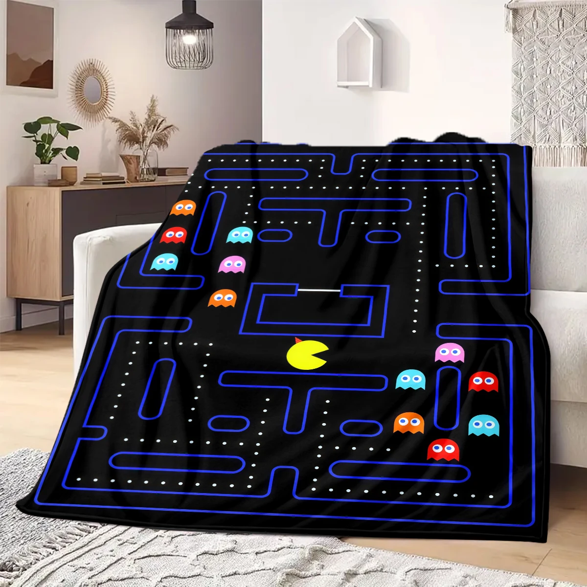 Manta con estampado de anime PacMan, manta de franela cálida y cómoda, adecuada para dormitorios, sofás, camas, sillas, picnics, viajes
