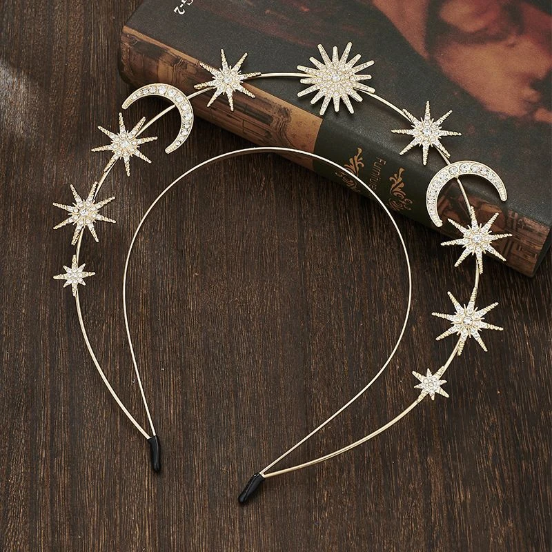 European and American Baroque Style Sun and Moon Earrings Double Layered Hexagonal Star Headband with Sparkling Diamonds