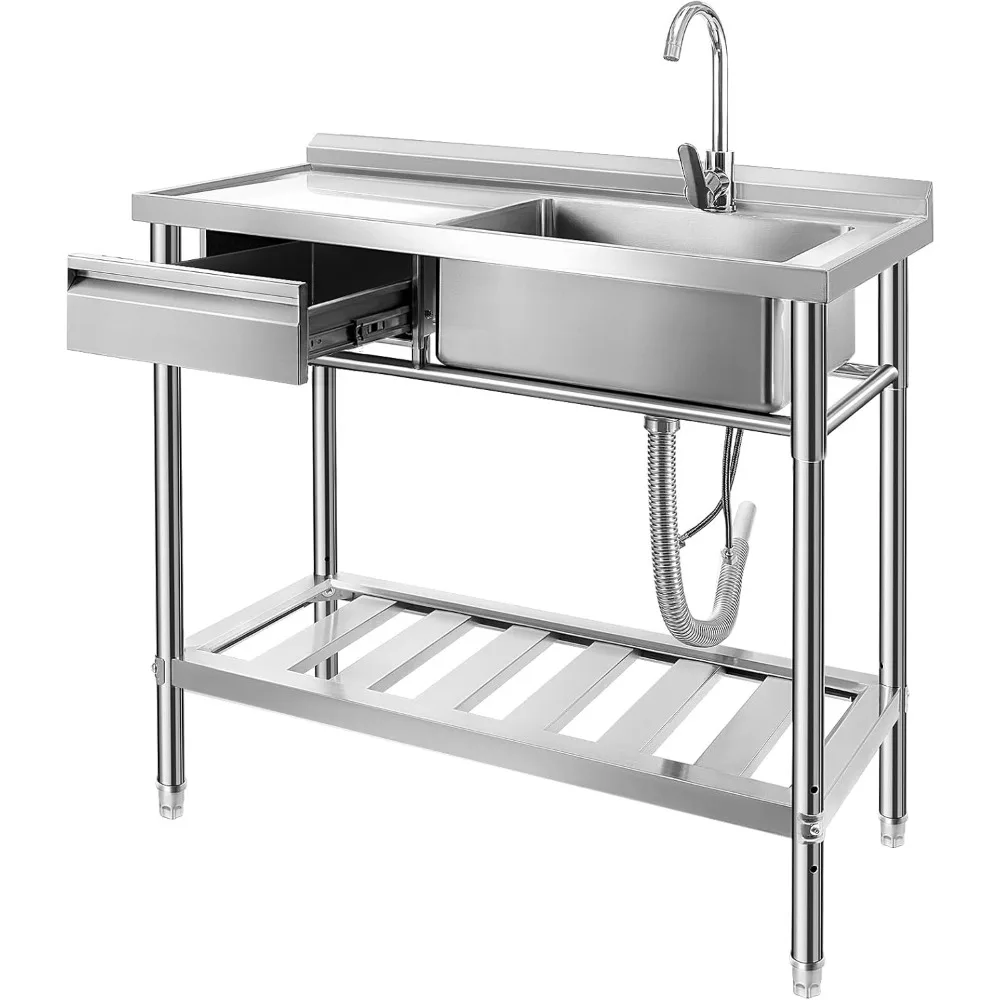 

Free Standing Single Bowl Stainless Steel Sink with Drawer Storage & Cold and Hot Water Pipe for Indoor and Outdoor Sink 39 inch