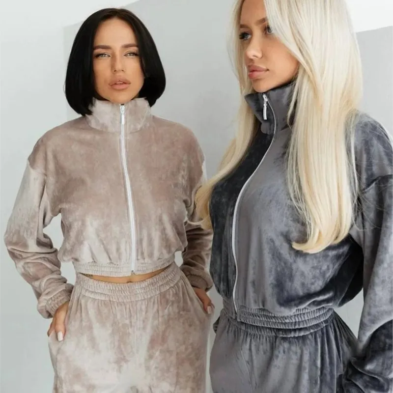 

2025 New Womens Long Sleeve Collared Fleece Zip-Up Hoodie & Elastic Waist Sweatpants Two-Piece Tracksuit Comfy Casual Lounge Set