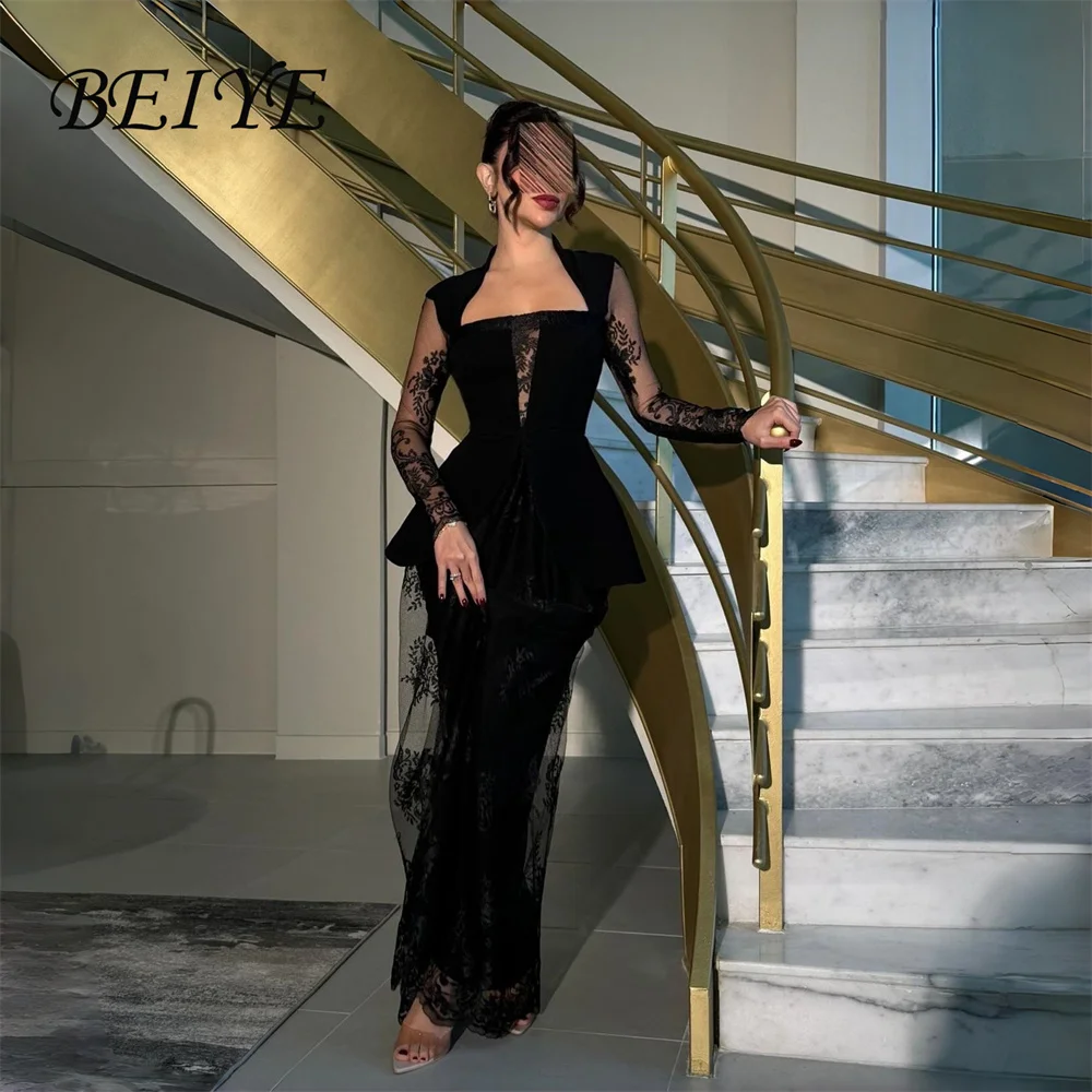 

BEIYE Modern Black Lace Sheath Evening Dress Women 2026 Long Sleeves Square Collar Party Gown Customized فساتين سهرة