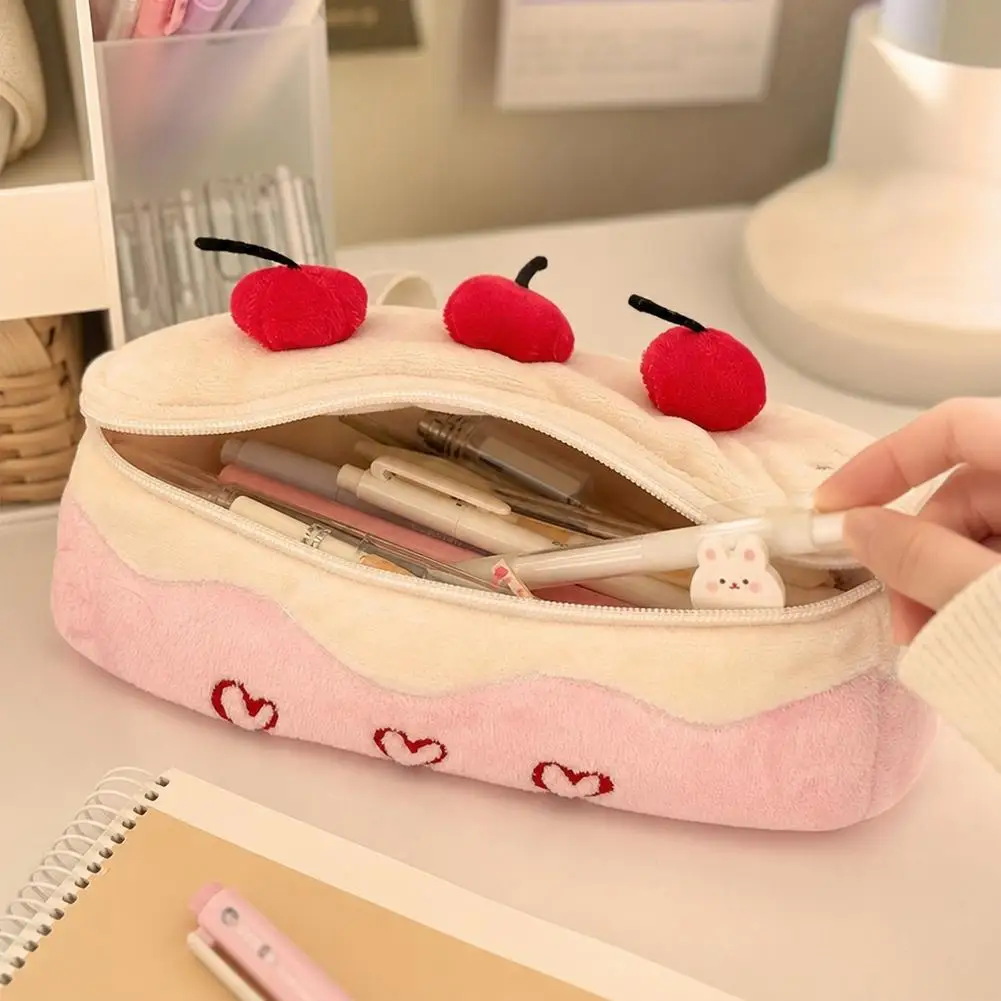 Cute Cake Plush Pencil Case Kawaii Cherry Large Capacity Pencil Pouch School Stationery Box Makeup Bag Gift For Girls