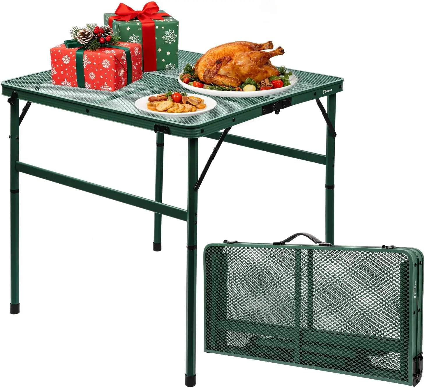 Green Square Folding Card Table, Portable Metal Mesh Table with Adjustable Height 12