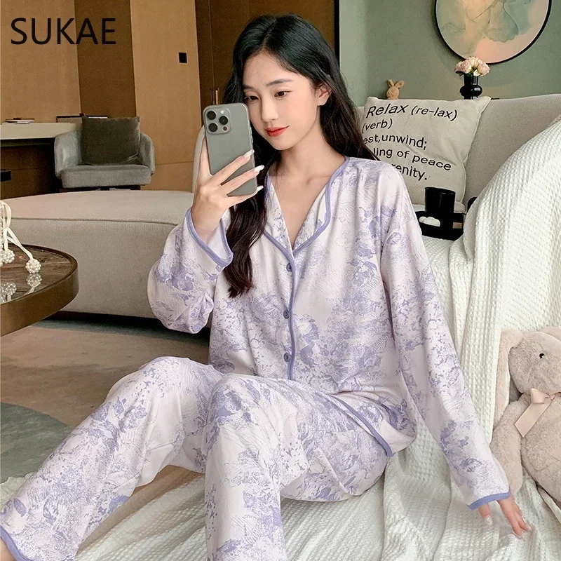 SUKAE M-5XL Autumn Winter Women\'s Sleepwear Home Clothes Cadigan Long Sleeves Pajamas Set Cute Cat Printed Lady Lapel Pijamas