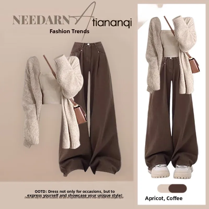 

Повседневный вязаный кардиган и джинсы с высокой талией для женщин: комплект из трех предметов в стиле Lazy Style для осени и весны, модный повседневный ансамбль