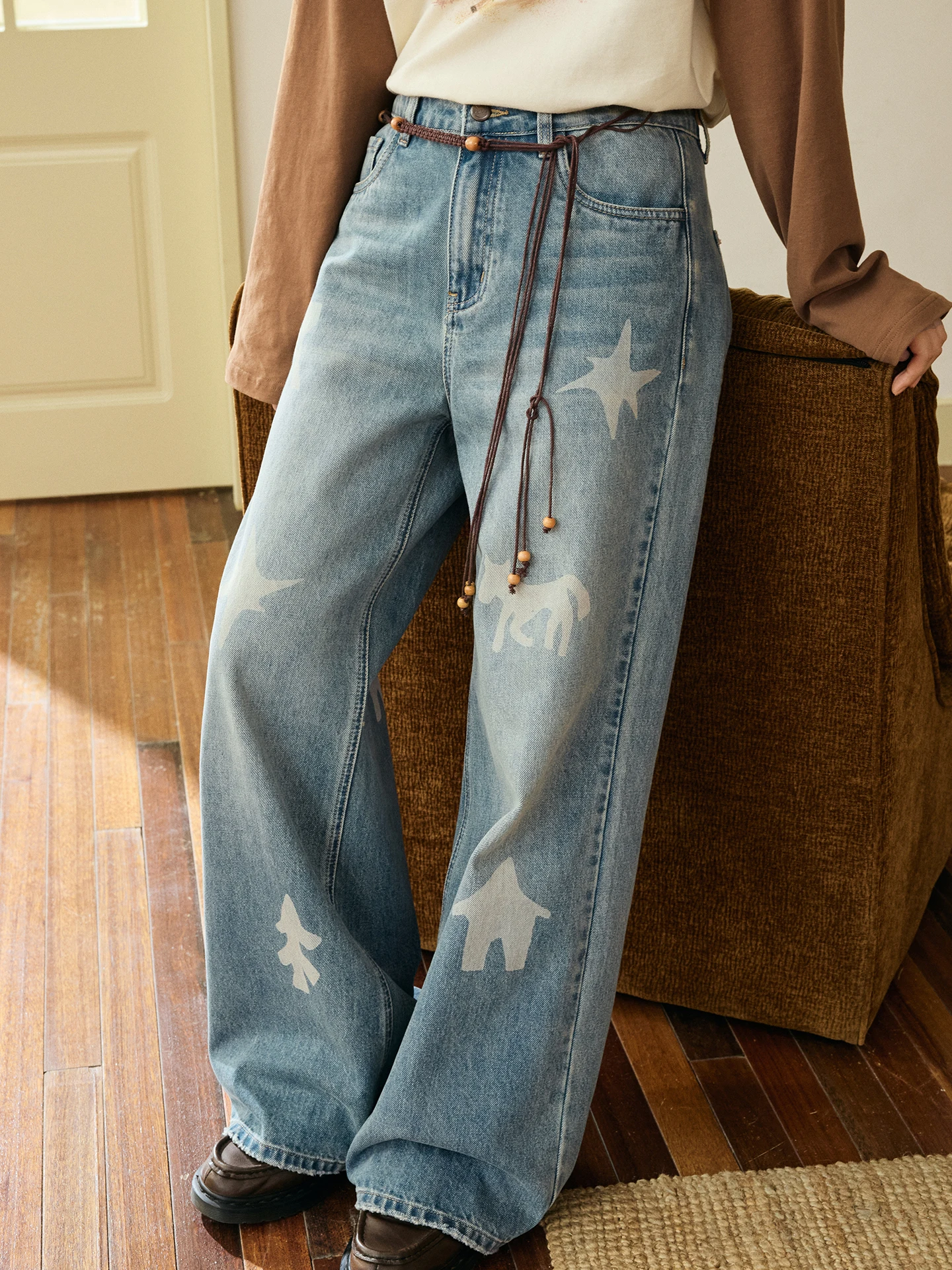 

Женские свободные повседневные джинсы Octopusme с принтом, прямые, широкие, длинные брюки на весну, удобные, с завышенной талией