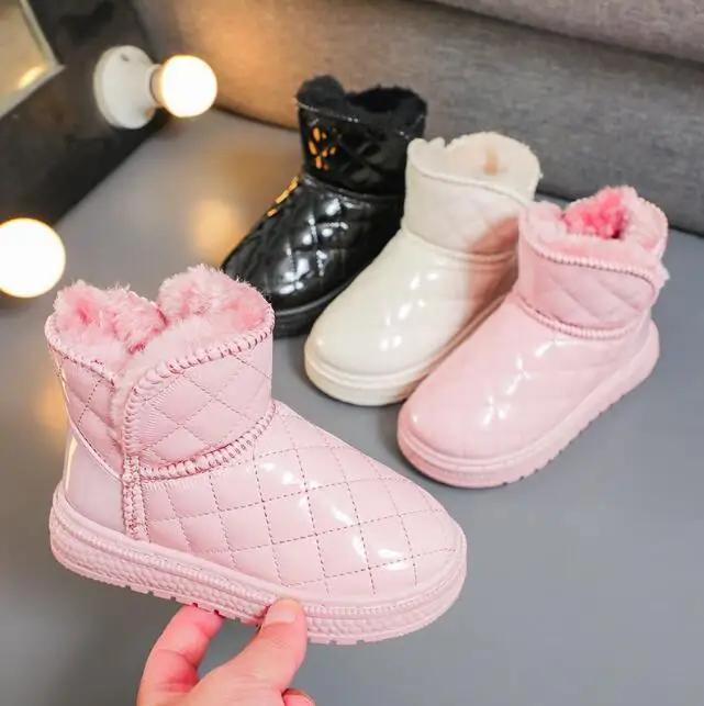 Winter New Children Waterproof Snow Boots Korean Style Boys Girls Leather Boots Boys Girls Plush Fur Warm Snow Shoes Sneakers