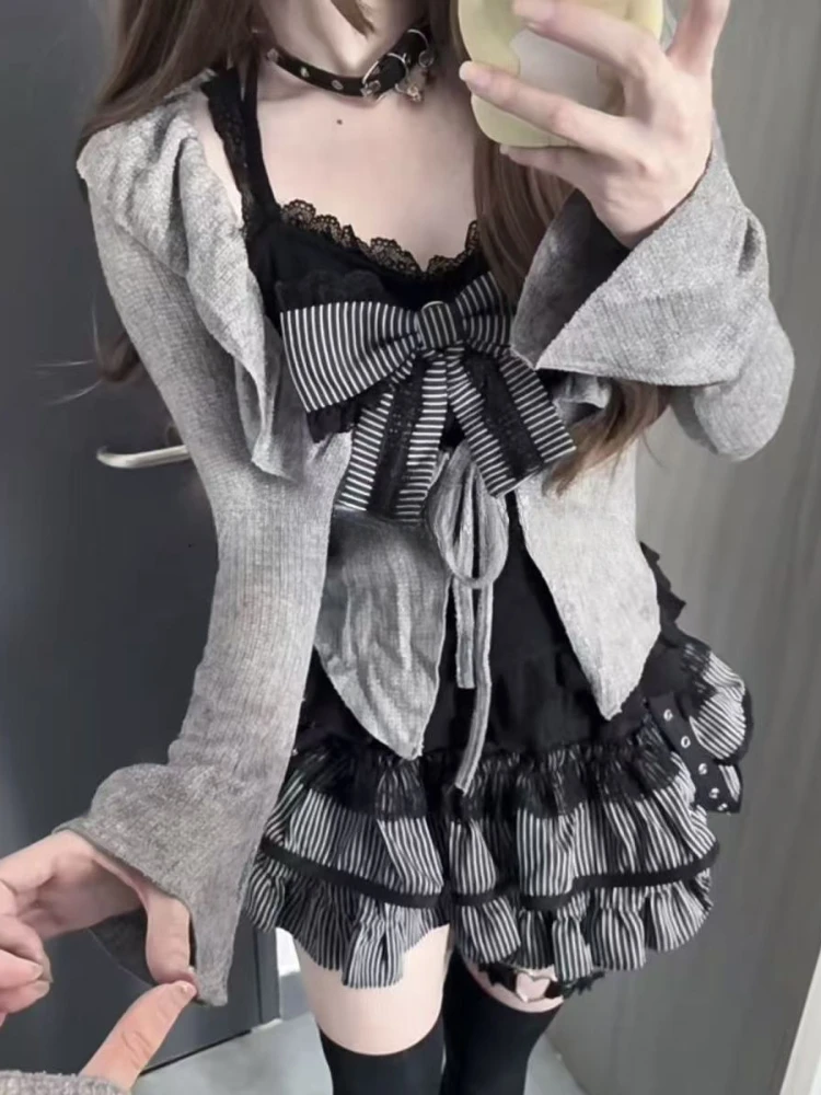 Autumn Winter Lace 3-piece Set Women Aesthetic Vintage Bow Sling Slim Long Sleeve Cardigan + Elastic Waist Ruffle Short Skirt