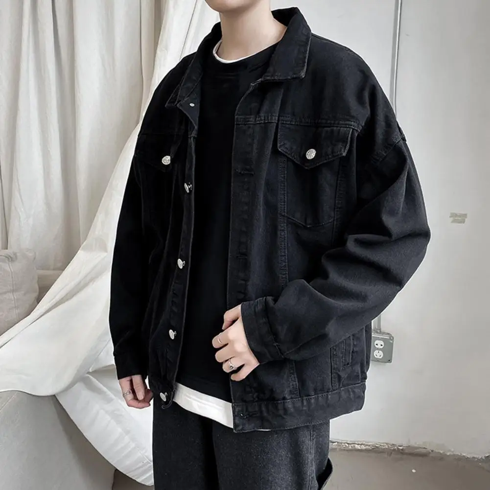 Black Denim Coat Men's Denim Coat with Lapel Flap Pockets Long Sleeve Solid Color Jacket for Loose Fit Outwear Single Breasted