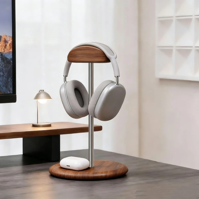 Walnut Wood Headphone Stand Desktop Headset Holder Earphone Hanger Desk Storage Rack for Gaming Headset Student Dorm Decor
